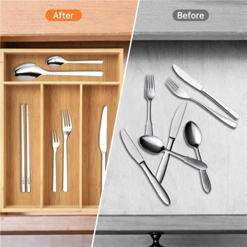 Bamboo drawer organizer silverware tray utensil holder cutlery storage divider